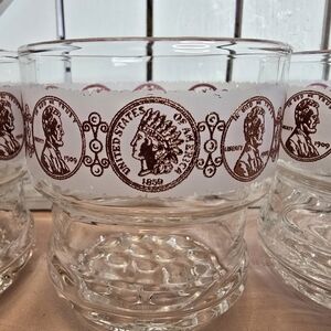 4 Libbey Copper Coin Indian Head Penny Etched Knob Glass MCM